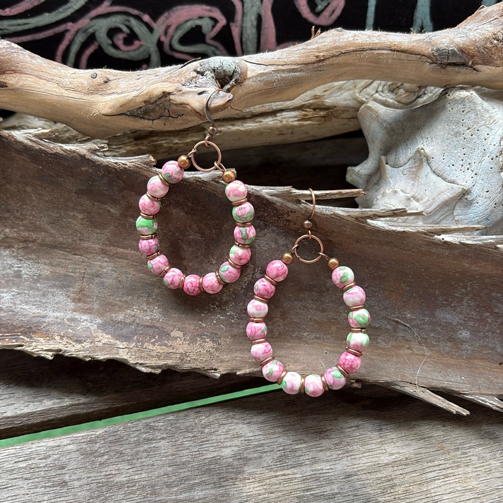 Multicolor Pink & Green Beaded Hoop Earrings Nwt